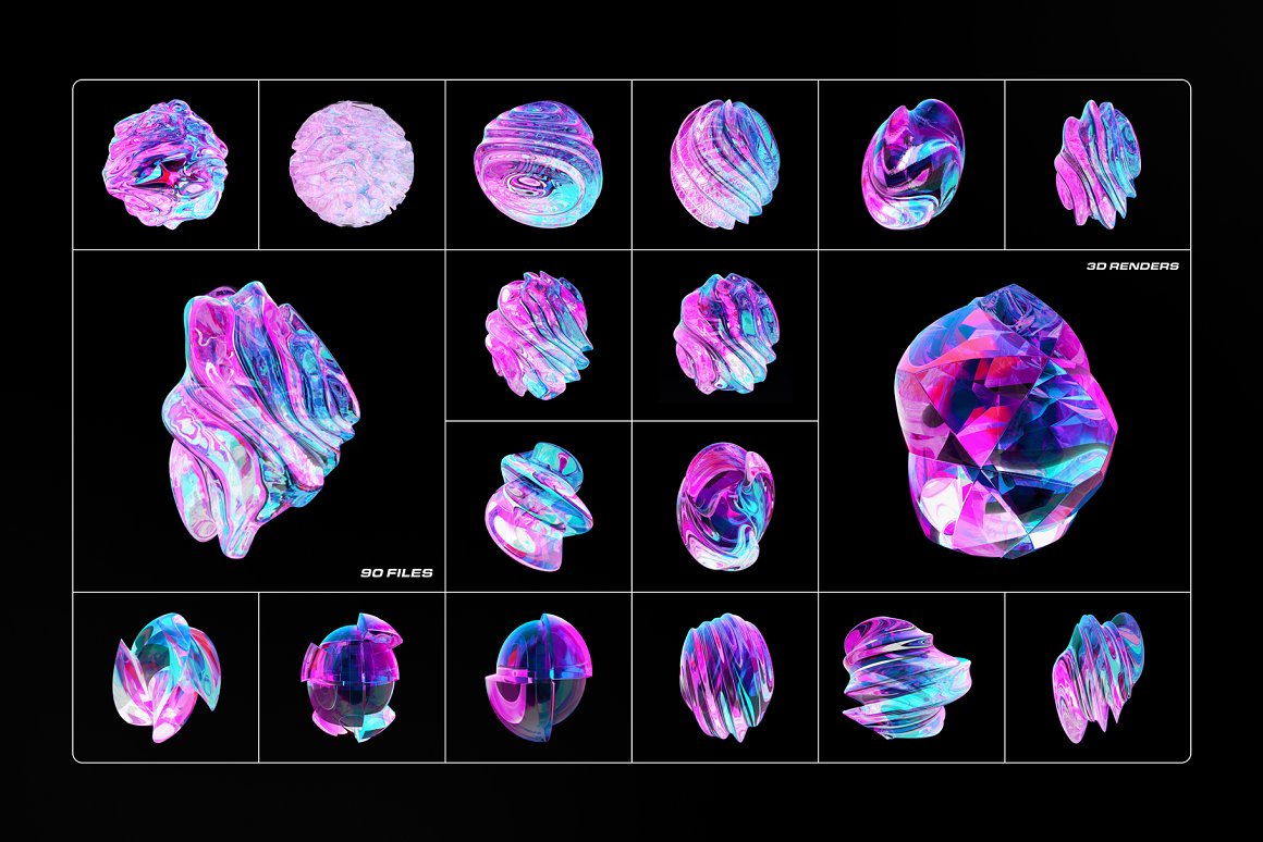 90款全息渐变透明多彩玻璃水晶抽象艺术3D流体几何PNG免抠图设计素材 Fluid Glass 3D Shapes 图片素材 sucaiwan.com