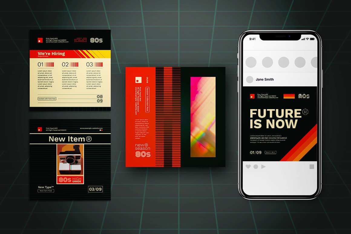 80年代复古风格社交媒体PSD模板包 80s Retro Style Social Media Pack 样机素材 sucaiwan.com