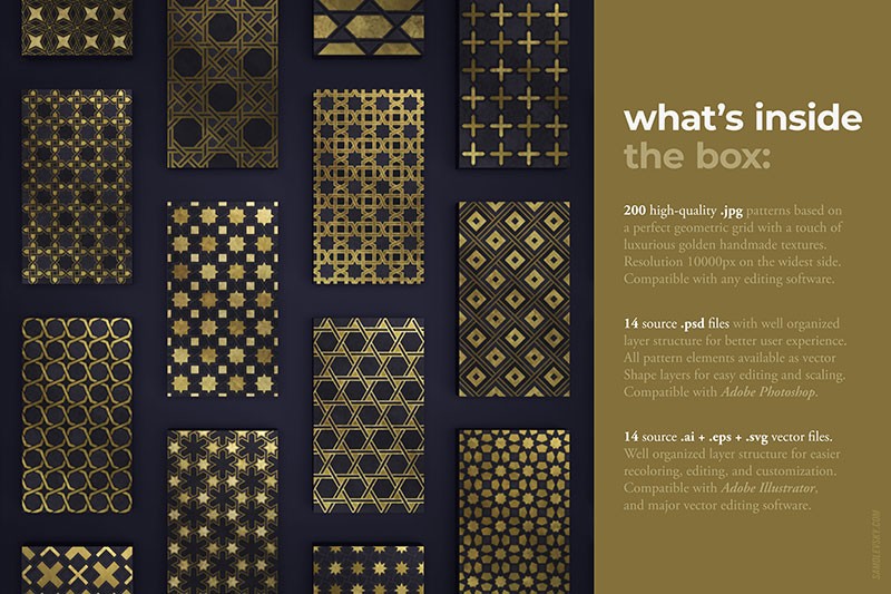 200个华丽奢华的伊斯兰艺术装饰图案，AI PSD格式 图片素材 sucaiwan.com