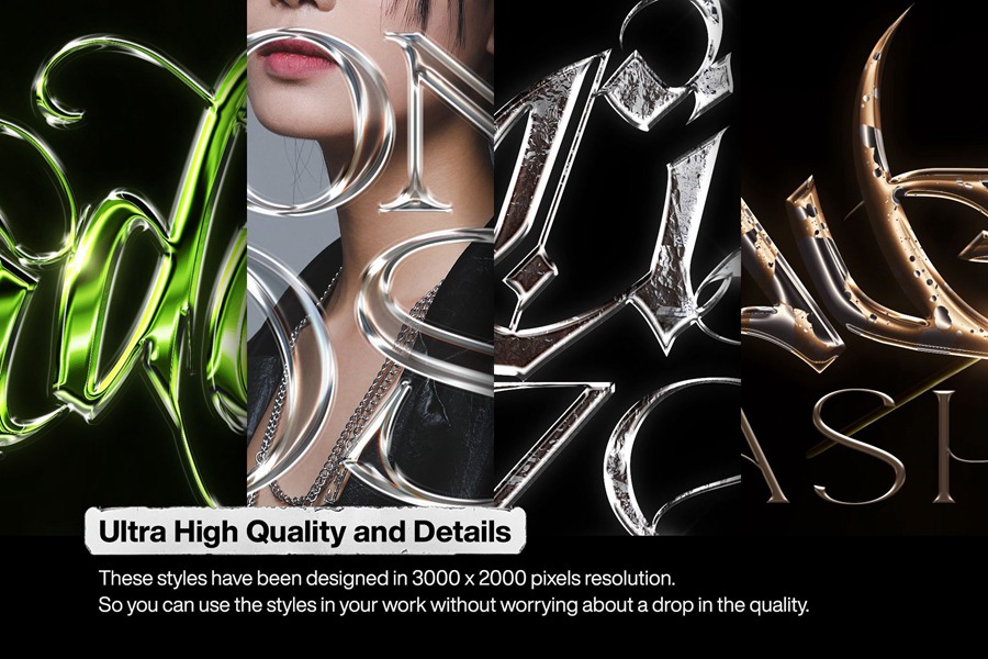 高质量抽象艺术酸性金属镀铬风格文本标志设计包PS图层样式 Hyperpix Chrome Text Effects Vol.6 插件预设 sucaiwan.com
