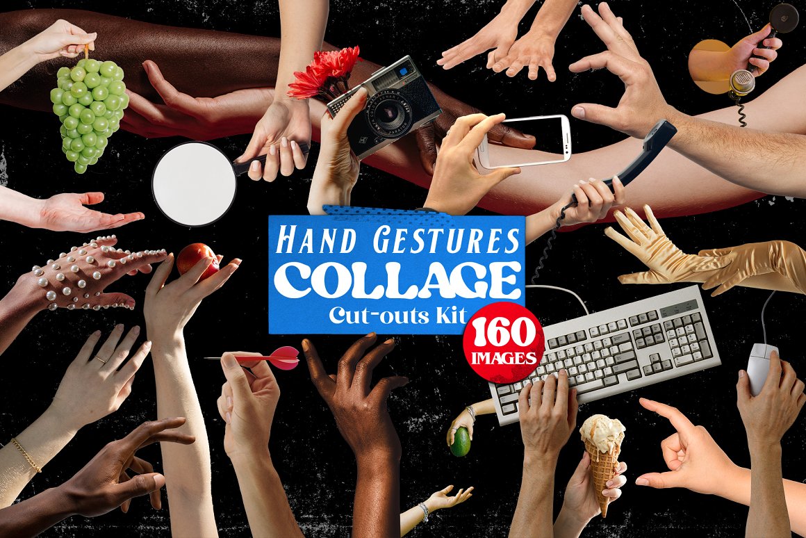 162个高品质复古手工拼贴剪纸不同手势PNG镂空素材 Hand Gestures Collage Cut-Outs Kit 图片素材 sucaiwan.com