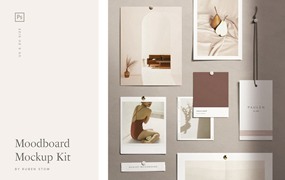 高分辨率情绪撕纸标签阴影胶片相框模型PSD样机套件 Ruben Stom Moodboard Mockup Kit