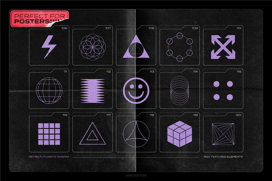 150多种复古仿旧野蛮主义赛博朋克酸性图形几何矢量设计元素纹理形状包 Samolevsky 150 Retro-futuristic textured shapes 图片素材 第8张-素材湾丨精选海外优质设计素材资源 150多种复古仿旧野蛮主义赛博朋克酸性图形几何矢量设计元素纹理形状包 Samolevsky 150 Retro-futuristic textured shapes 图片素材 sucaiwan.com
