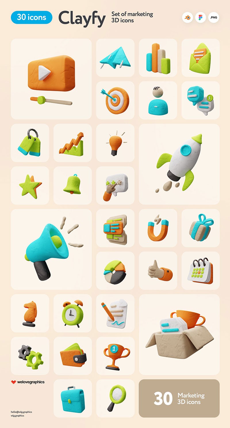 30个可爱黏土风购物促销3D图标， Blend PNG格式 图标素材 sucaiwan.com