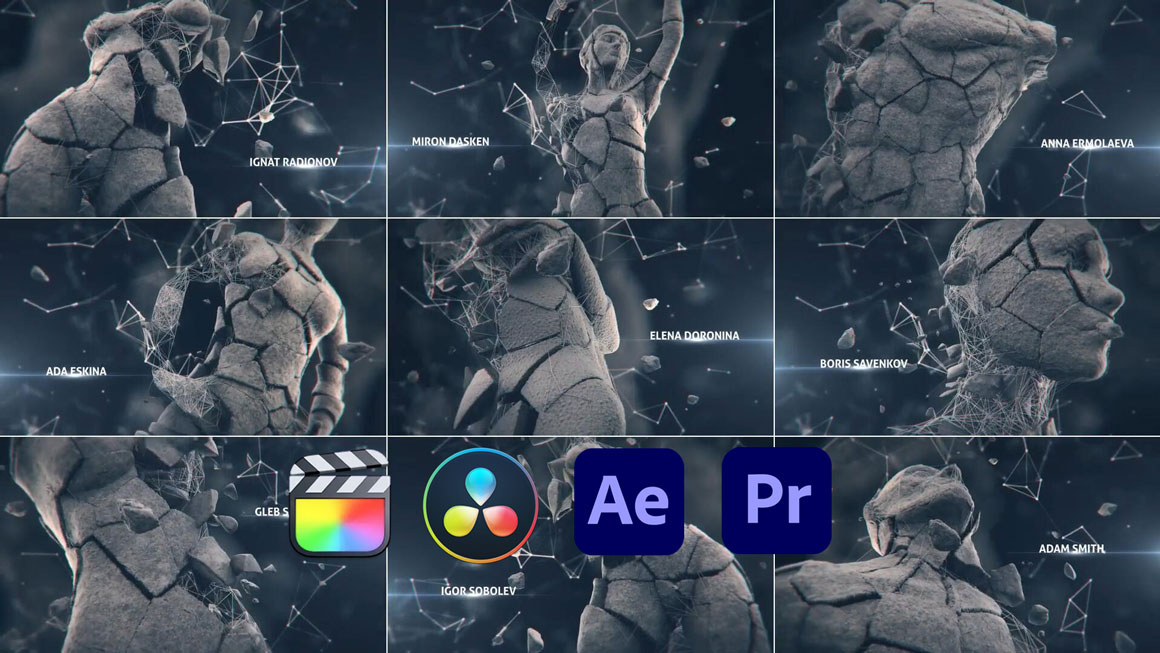 FCPX/AE/PR/达芬奇模板：10个史诗岩石雕塑旋转破碎溶解文字标题模板 . sucaiwan.com
