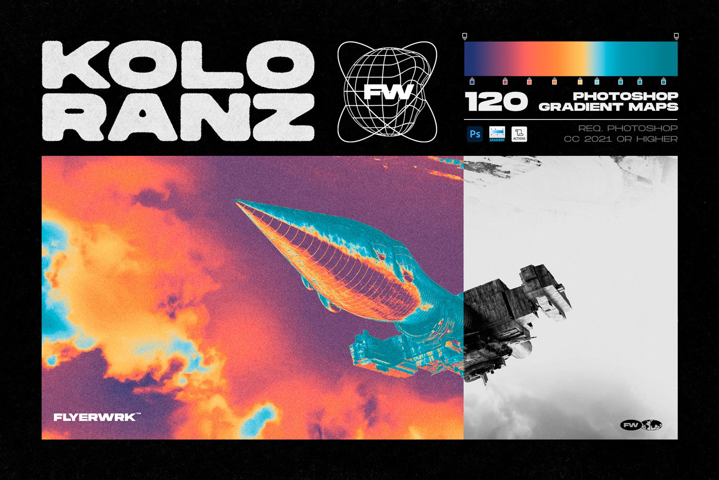 120张嘻哈迷幻热像仪彩色渐变预设划痕PS动作 Flyerwrk Koloranz-Gradient-Maps 插件预设 sucaiwan.com