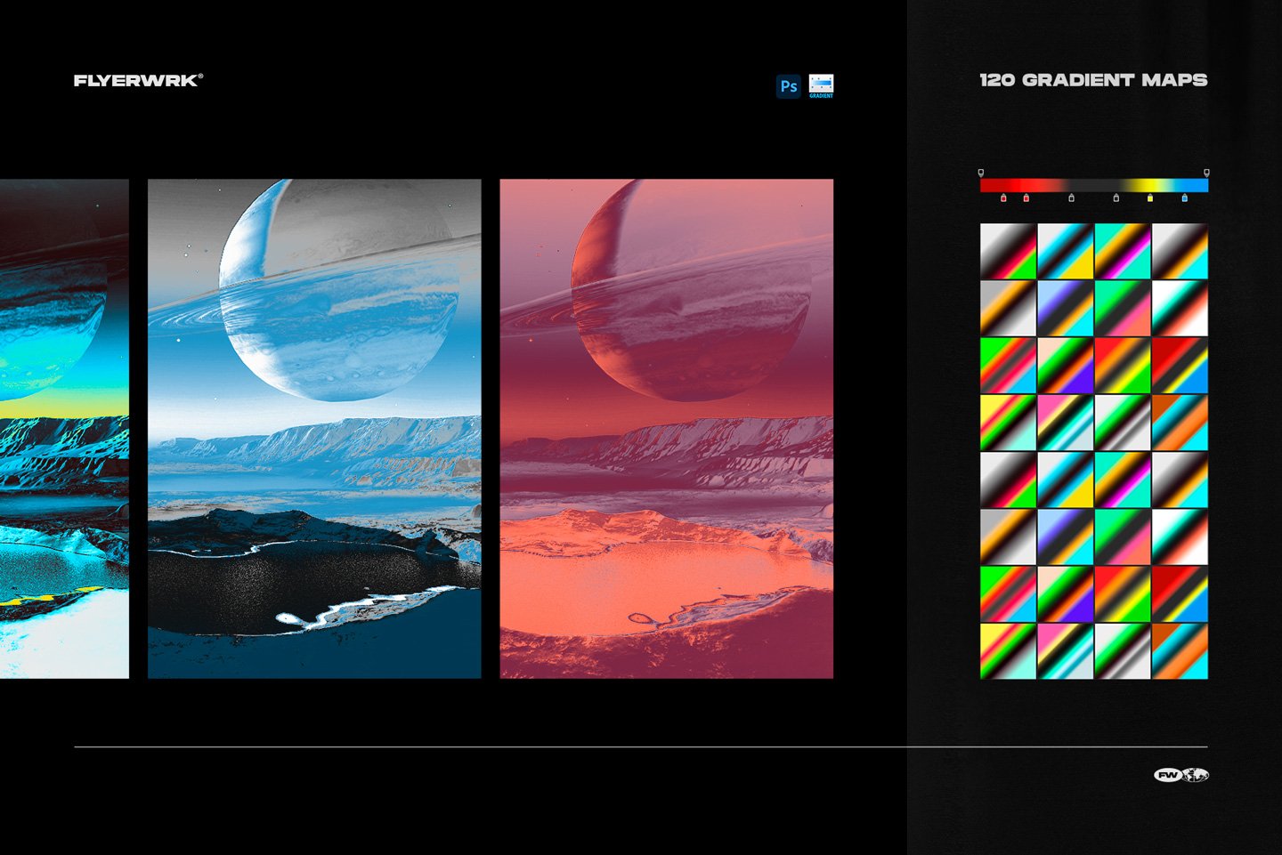 120张嘻哈迷幻热像仪彩色渐变预设划痕PS动作 Flyerwrk Koloranz-Gradient-Maps 插件预设 sucaiwan.com
