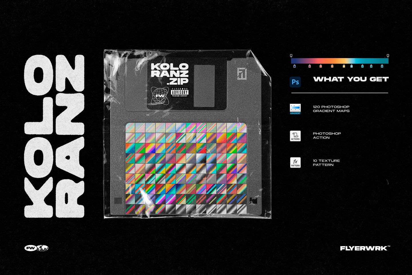 120张嘻哈迷幻热像仪彩色渐变预设划痕PS动作 Flyerwrk Koloranz-Gradient-Maps 插件预设 sucaiwan.com