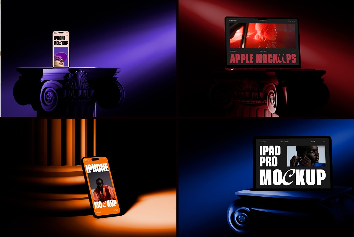 黑暗极简风格质感苹果笔记本电脑手机显示器屏幕UI设计展示PSD样机套装 Ancient Future | Apple Device Mockup . sucaiwan.com