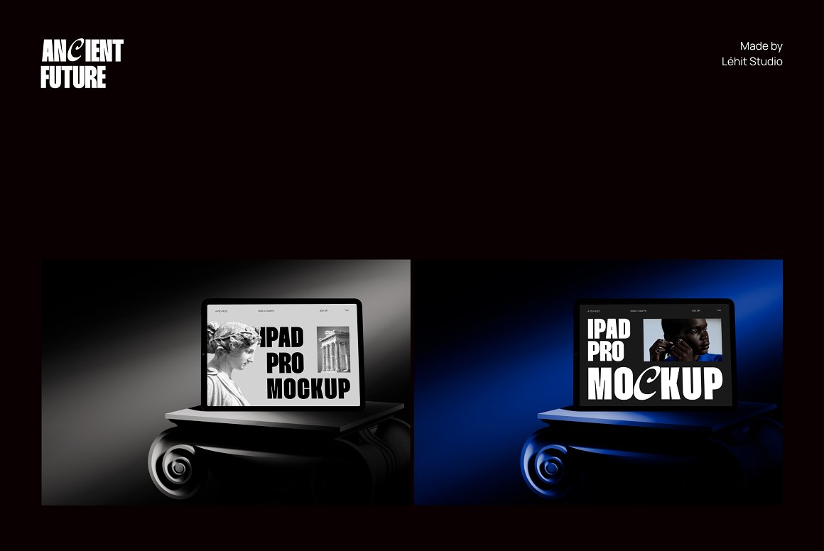 黑暗极简风格质感苹果笔记本电脑手机显示器屏幕UI设计展示PSD样机套装 Ancient Future | Apple Device Mockup . sucaiwan.com