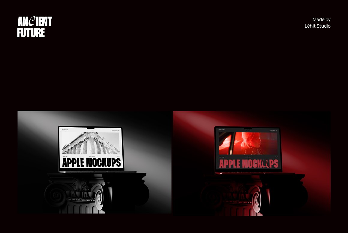 黑暗极简风格质感苹果笔记本电脑手机显示器屏幕UI设计展示PSD样机套装 Ancient Future | Apple Device Mockup . sucaiwan.com
