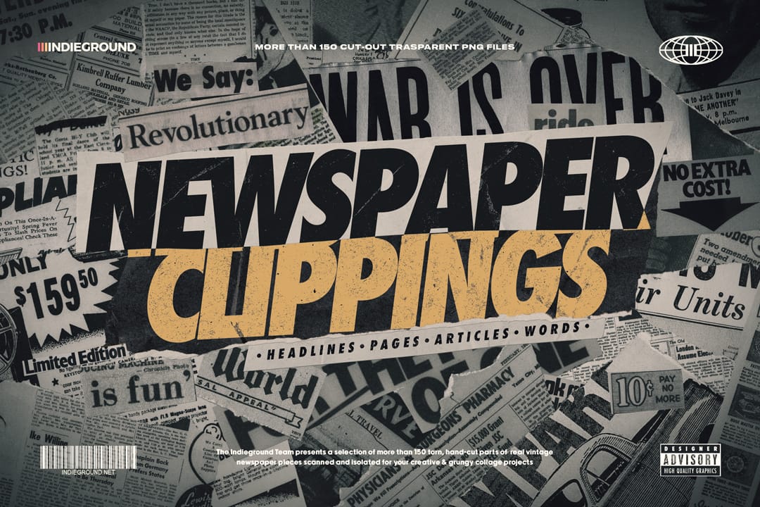 Indieground 155个复印旧报纸手工切割艺术排版剪纸拼贴PNG素材 NEWSPAPER CLIPPINGS 图片素材 sucaiwan.com