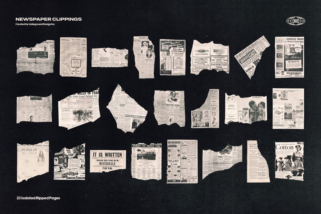 Indieground 155个复印旧报纸手工切割艺术排版剪纸拼贴PNG素材 NEWSPAPER CLIPPINGS 图片素材 sucaiwan.com