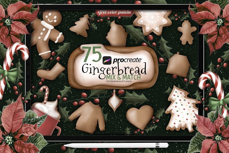 75个圣诞姜饼图案和纹理Procreate笔刷 笔刷资源 sucaiwan.com