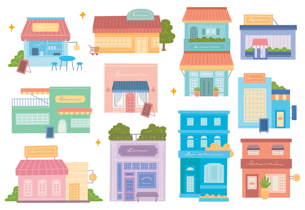 2套卡通商铺房屋矢量插图 图片素材 sucaiwan.com