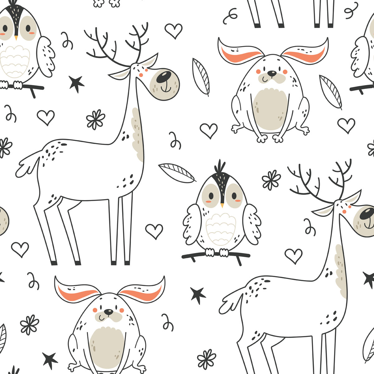 2套可爱森林动物线性无缝图案背景矢量素材 图片素材 sucaiwan.com