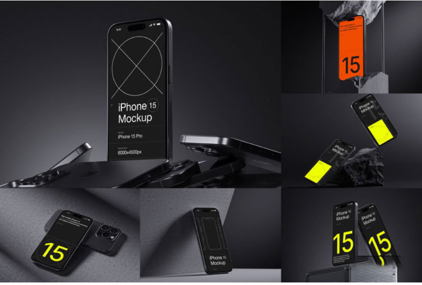 16款工业黑化风苹果手机iPhone 15 Pro屏幕演示效果图PSD样机模板 I-Mockups: iPhone 15 Pro . sucaiwan.com