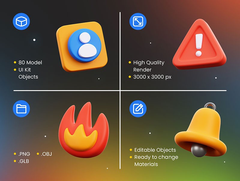 80个UI设计系统3D图标，PNG GLB OBJ格式 图标素材 sucaiwan.com