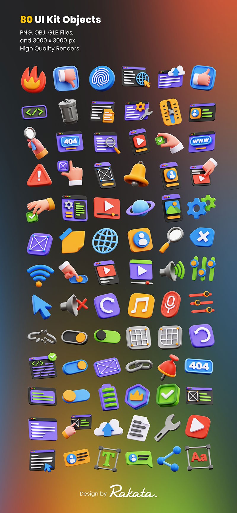 80个UI设计系统3D图标，PNG GLB OBJ格式 图标素材 sucaiwan.com