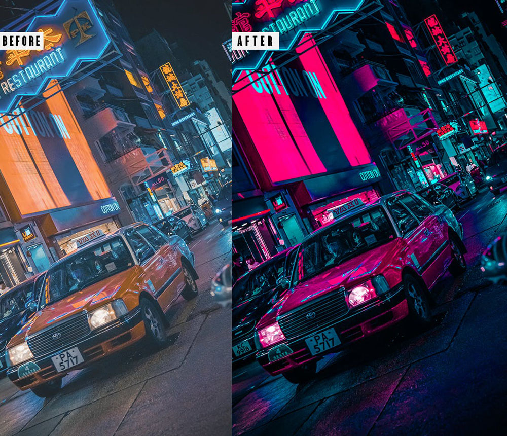 3款赛博朋克霓虹灯城市夜景ps动作lightroom预设 插件预设 sucaiwan.com