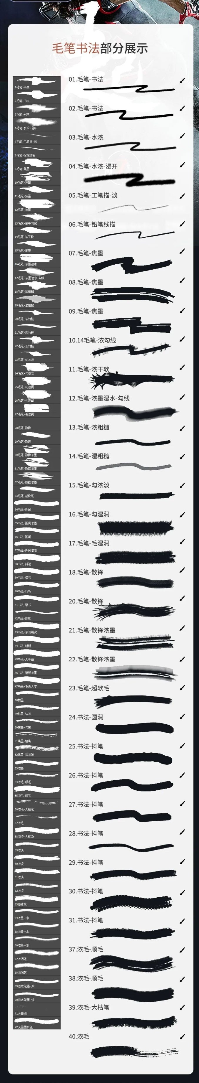 72个书法艺术板写笔刷套装，支持PS和Procreate 笔刷资源 sucaiwan.com