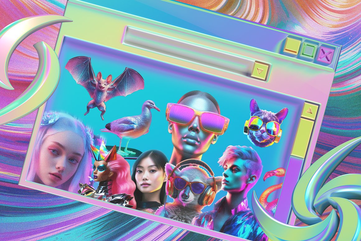 165款3D复古Y2K赛博梦幻全息镭射风千禧世界人物雕像芭比猫狗动物昆虫汽车电脑手机WINDOWS弹窗PNG拼贴剪贴艺术套装 Imaginary Y2K world – Collage Kit 2 . sucaiwan.com