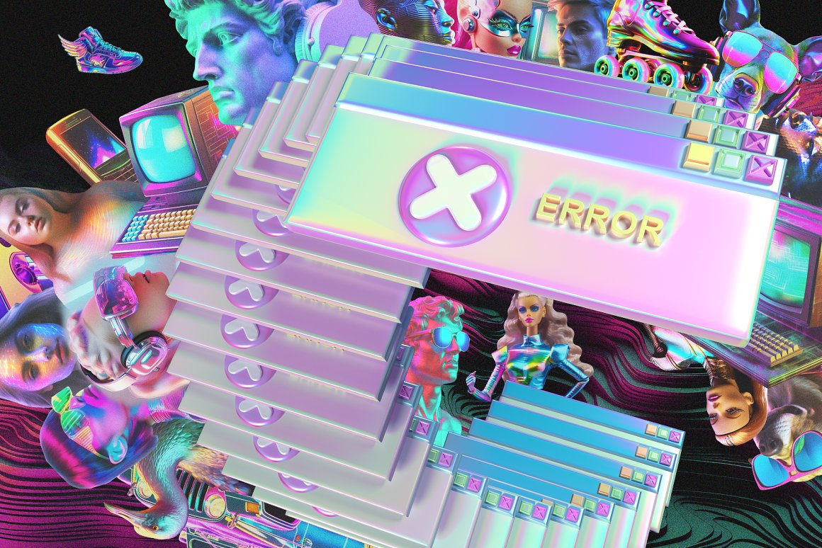 165款3D复古Y2K赛博梦幻全息镭射风千禧世界人物雕像芭比猫狗动物昆虫汽车电脑手机WINDOWS弹窗PNG拼贴剪贴艺术套装 Imaginary Y2K world – Collage Kit 2 . sucaiwan.com