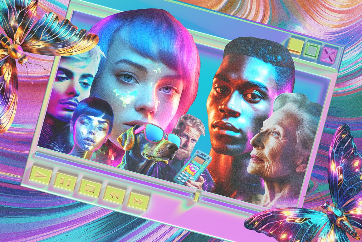 165款3D复古Y2K赛博梦幻全息镭射风千禧世界人物雕像芭比猫狗动物昆虫汽车电脑手机WINDOWS弹窗PNG拼贴剪贴艺术套装 Imaginary Y2K world – Collage Kit 2 . sucaiwan.com