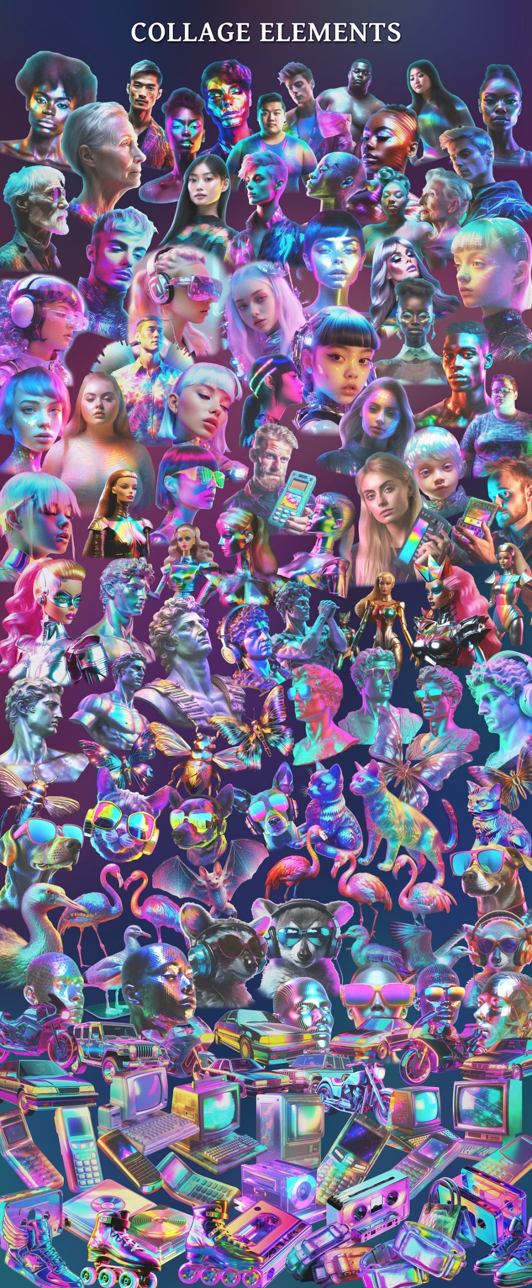 165款3D复古Y2K赛博梦幻全息镭射风千禧世界人物雕像芭比猫狗动物昆虫汽车电脑手机WINDOWS弹窗PNG拼贴剪贴艺术套装 Imaginary Y2K world – Collage Kit 2 . sucaiwan.com