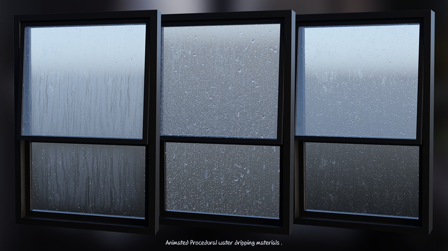 Blender预设-雨珠滴落玻璃窗户上模型 Blender Smart Materials – Window Procedural Water Drops 插件预设 sucaiwan.com