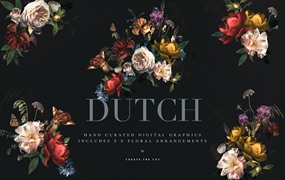 宫廷风复古艺术花卉手工剪纸PNG剪贴画 Vintage Floral Clip Art – Dutch