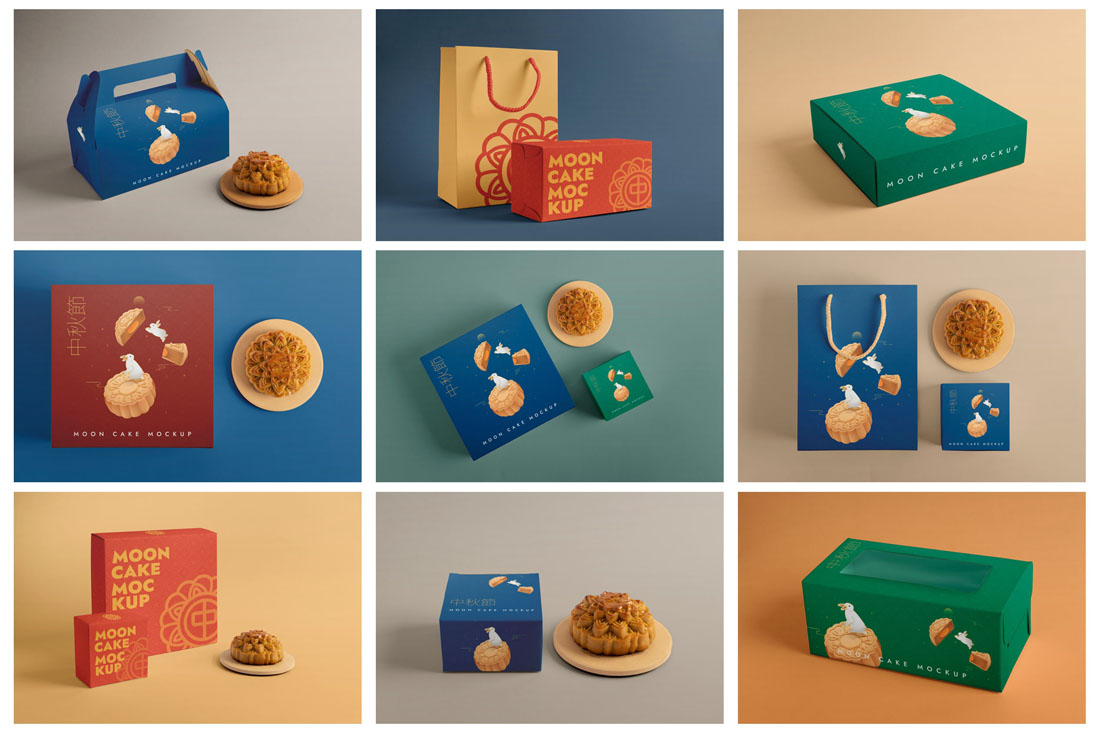 28款中秋节月饼礼盒包装印花vi提案效果智能贴图样机psd素材 样机素材 sucaiwan.com