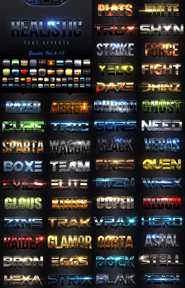 50款游戏金属文字特效样式，PSD ASL格式 插件预设 sucaiwan.com