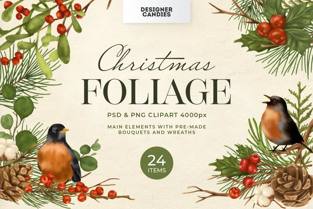 24款冬青叶 松针 知更鸟和圣诞花环PSD插图剪贴画 图片素材 sucaiwan.com