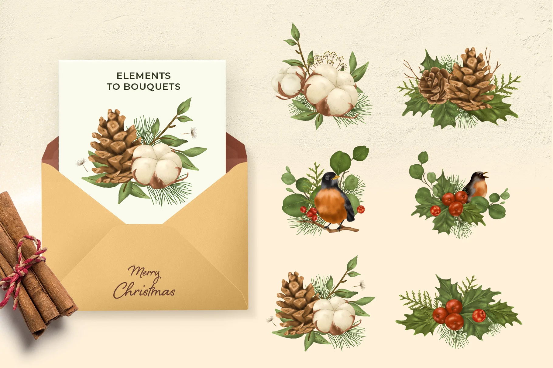 24款冬青叶 松针 知更鸟和圣诞花环PSD插图剪贴画 图片素材 sucaiwan.com