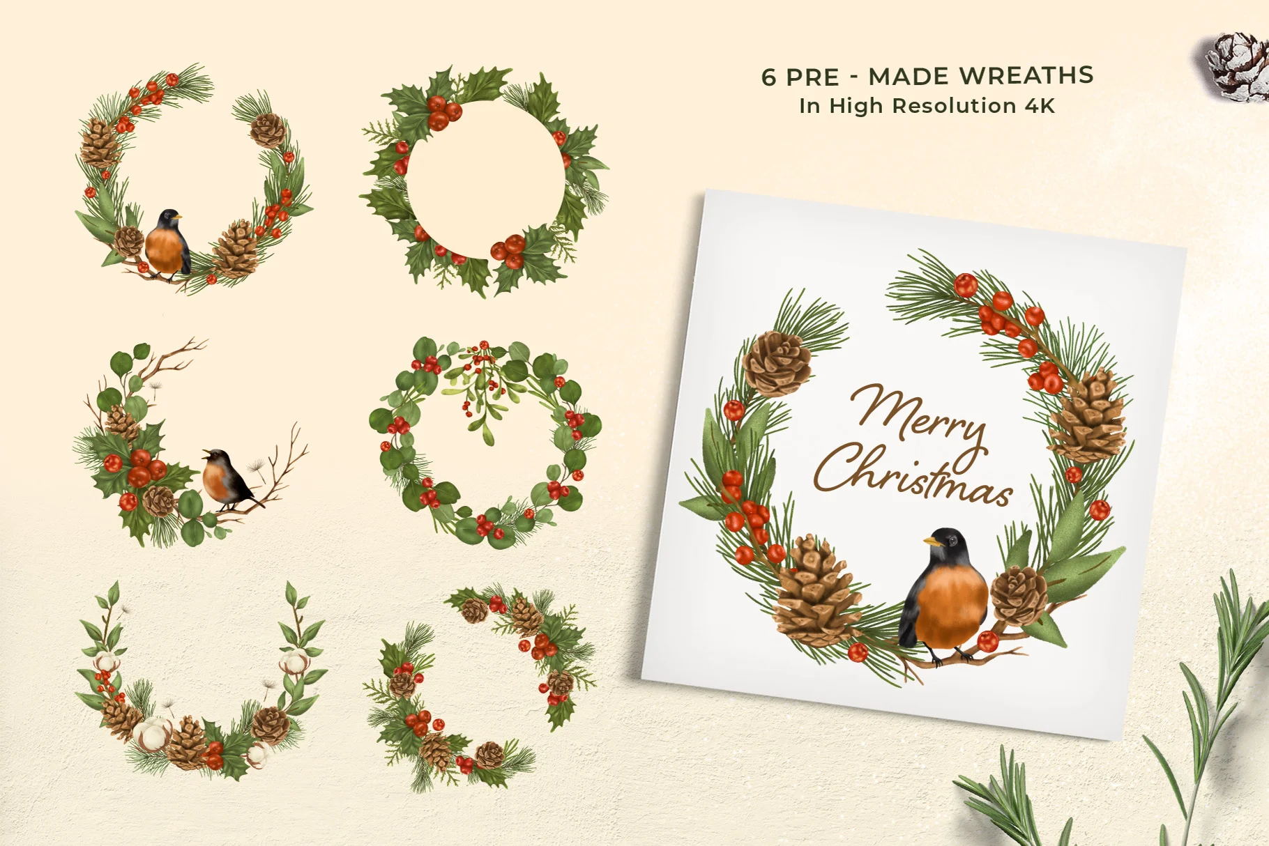 24款冬青叶 松针 知更鸟和圣诞花环PSD插图剪贴画 图片素材 sucaiwan.com