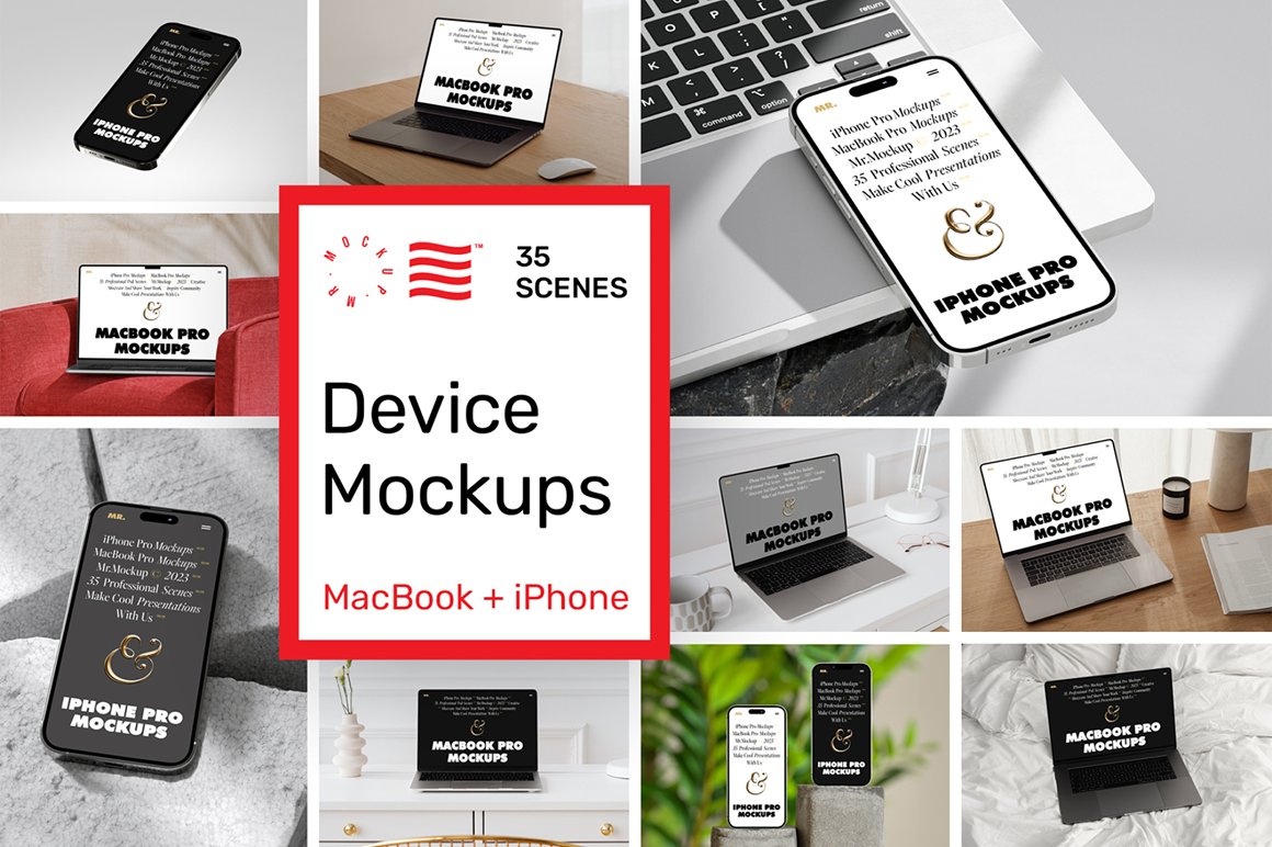 35款高级苹果iPhone 15 Pro手机MacBook笔记本电脑屏幕演示PSD样机模板 Device Mockups – iPhone and MacBook . sucaiwan.com