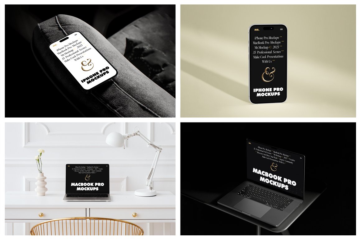35款高级苹果iPhone 15 Pro手机MacBook笔记本电脑屏幕演示PSD样机模板 Device Mockups – iPhone and MacBook . sucaiwan.com