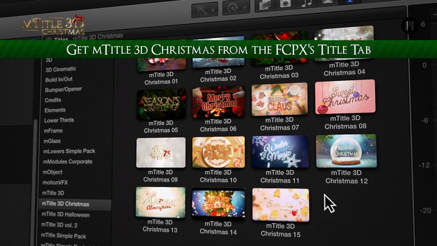 FCPX插件：15个圣诞节日主题3D三维文字标题动画预设 MotionVFX – mTitle 3D Christmas 插件预设 sucaiwan.com