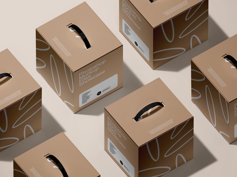 6款正方形手提纸箱包装纸盒贴图样机展示PSD模板 样机素材 sucaiwan.com