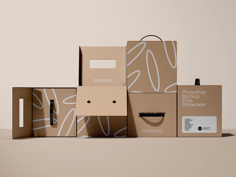 6款正方形手提纸箱包装纸盒贴图样机展示PSD模板 样机素材 sucaiwan.com