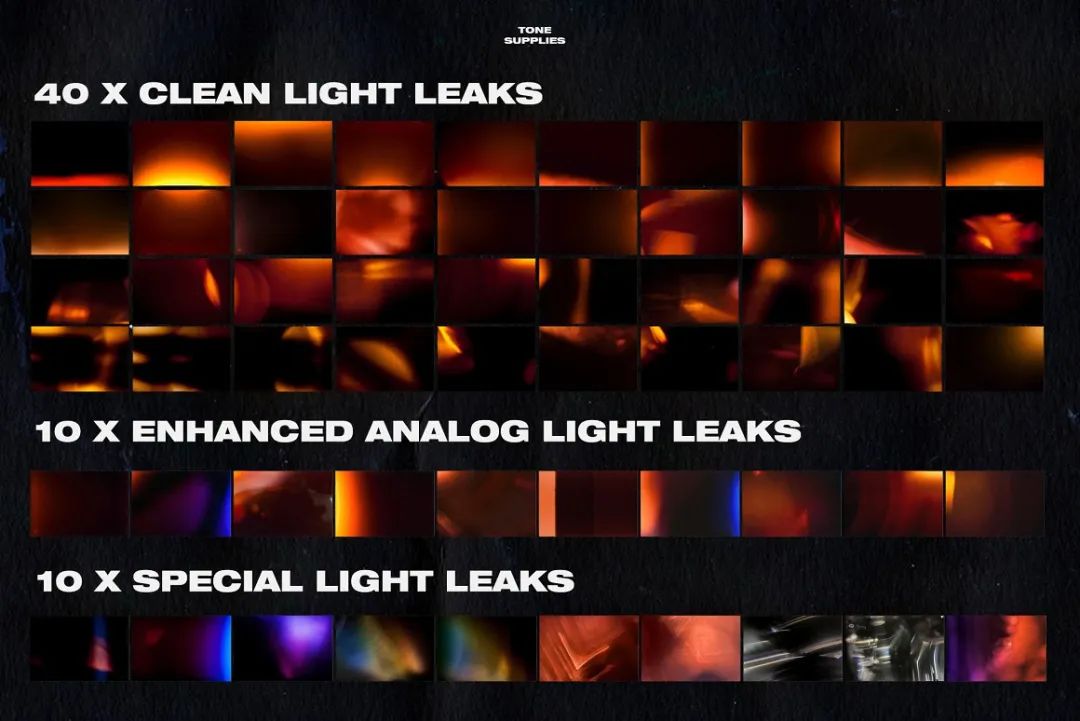 TONE SUPPLIES 60个复古电影专业漏光模拟手工制作专业叠加图片素材 60 Retro Analog Light Leak Overlays 图片素材 sucaiwan.com