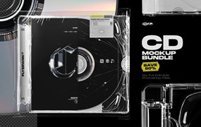 Flyerwrk 现代CD套样机塑料袋样机贴纸专辑封面光盘标签样机透明CD盒 CD Mockup Bundle