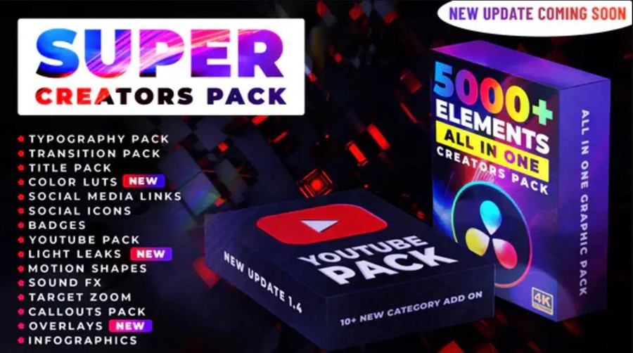 达芬奇预设：5000个社交媒体文字标题图形排版动画LUTS调色转场豪华包 Super Creators Pack . sucaiwan.com
