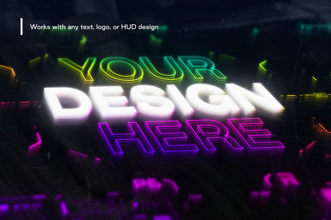 赛博朋克未来科技感HUD超现实纹理发光景深模糊显示效果PSD样机模板 样机素材 sucaiwan.com