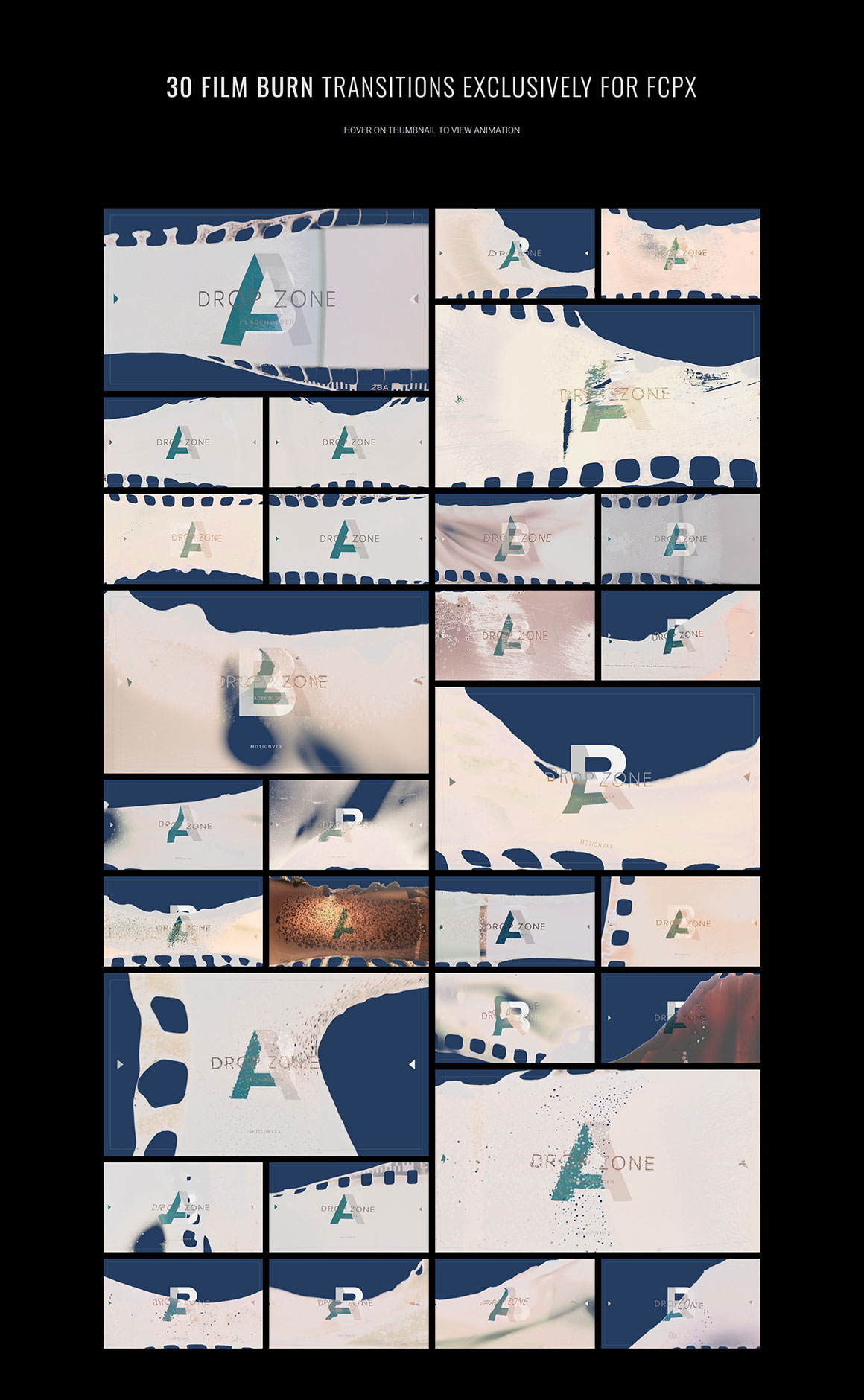 FCPX插件：30种电影胶片灼烧溶解失真遮罩转场预设 motionVFX – mTransitions Film Burn . sucaiwan.com