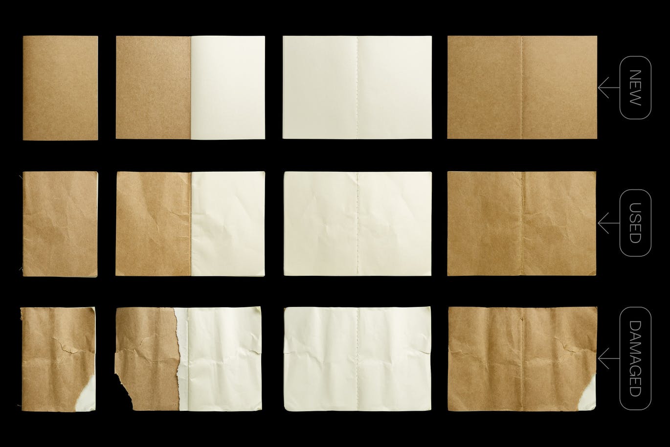 12个复古做旧褶皱撕裂损坏牛皮纸书籍PSD样机 样机素材 第2张-素材湾丨精选海外优质设计素材资源 12个复古做旧褶皱撕裂损坏牛皮纸书籍PSD样机 样机素材 sucaiwan.com