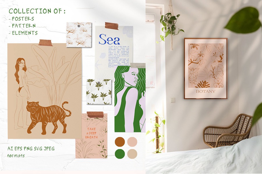 热带植物海报艺术氛围、女性气质、海洋生物、水果拼贴、纺织包装海报印刷矢量精品图形元素Tropical Retrospective Poster 图片素材 sucaiwan.com