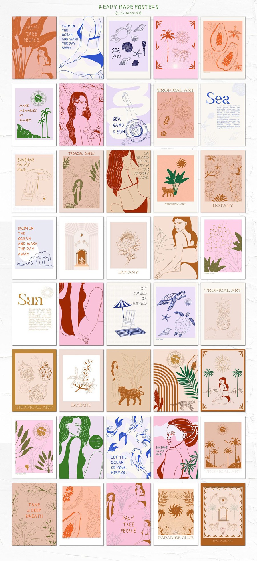 热带植物海报艺术氛围、女性气质、海洋生物、水果拼贴、纺织包装海报印刷矢量精品图形元素Tropical Retrospective Poster 图片素材 sucaiwan.com