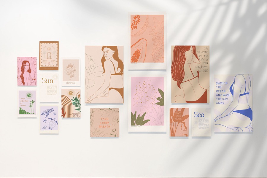 热带植物海报艺术氛围、女性气质、海洋生物、水果拼贴、纺织包装海报印刷矢量精品图形元素Tropical Retrospective Poster 图片素材 sucaiwan.com